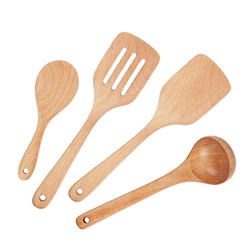 Utensilios De Cocina Madera 4 Piezas para Cocinar Cucharas De Madera y Cubiertos Espátulas Ideal para sartenes, Utensilios De Cocina y Wok