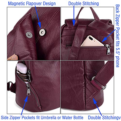 UTO - Bolso Mochila de Mujer Moda y Ligero Cuero Sintético Bolso Escolar Diario Gran Capacidad Burdeos