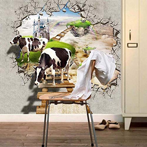 Vacas con escalera de pared rota en 3D, mural de alta definición en 3D Paisaje resistente al desgaste Dormitorio impermeable Sala de estar TV Sofá Telón de fondo Papel de pared -A3