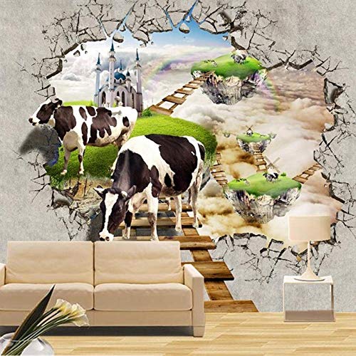 Vacas con escalera de pared rota en 3D, mural de alta definición en 3D Paisaje resistente al desgaste Dormitorio impermeable Sala de estar TV Sofá Telón de fondo Papel de pared -A3