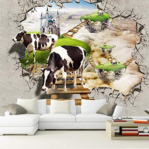 Vacas con escalera de pared rota en 3D, mural de alta definición en 3D Paisaje resistente al desgaste Dormitorio impermeable Sala de estar TV Sofá Telón de fondo Papel de pared -A3