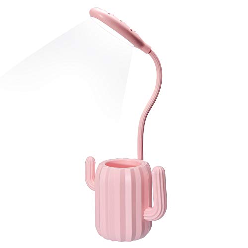 VADIV Lámpara Escritorio Led,Niño Cactus Flexo Lámpara de Mesa con Portalápices de Mesa USB Regulable Recargable 3 Modos Para Leer Estudiar Protege a Ojos - Rosa