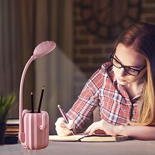 VADIV Lámpara Escritorio Led,Niño Cactus Flexo Lámpara de Mesa con Portalápices de Mesa USB Regulable Recargable 3 Modos Para Leer Estudiar Protege a Ojos - Rosa