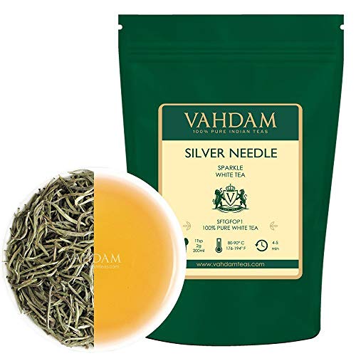 VAHDAM, hojas sueltas de té blanco con aguja de plata (25 tazas) | Té MÁS SALUDABLE, 100% hojas de té blanco natural | Potentes anti-OXIDANTES, sin cafeína | Preparar como té helado caliente | 50gm