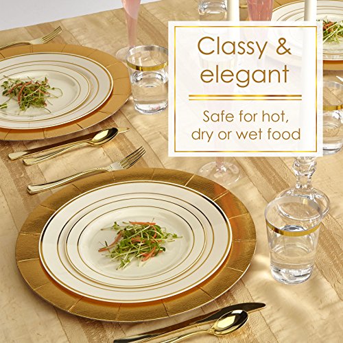 VAJILLA PARA FIESTAS DESECHABLE DE 20 PIEZAS | 20 platos auxiliares| Platos de plástico resistente | Elegante aspecto de porcelana fina | Para bodas y comidas de lujo (Marfil/Borde dorado| 19 cm)