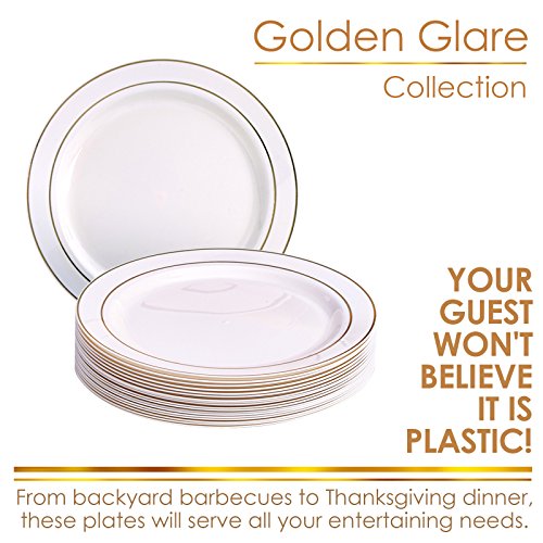 VAJILLA PARA FIESTAS DESECHABLE DE 20 PIEZAS | 20 platos auxiliares| Platos de plástico resistente | Elegante aspecto de porcelana fina | Para bodas y comidas de lujo (Marfil/Borde dorado| 19 cm)