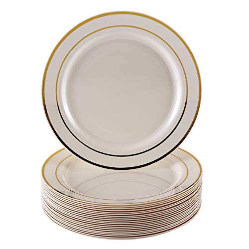 VAJILLA PARA FIESTAS DESECHABLE DE 20 PIEZAS | 20 platos auxiliares| Platos de plástico resistente | Elegante aspecto de porcelana fina | Para bodas y comidas de lujo (Marfil/Borde dorado| 19 cm)