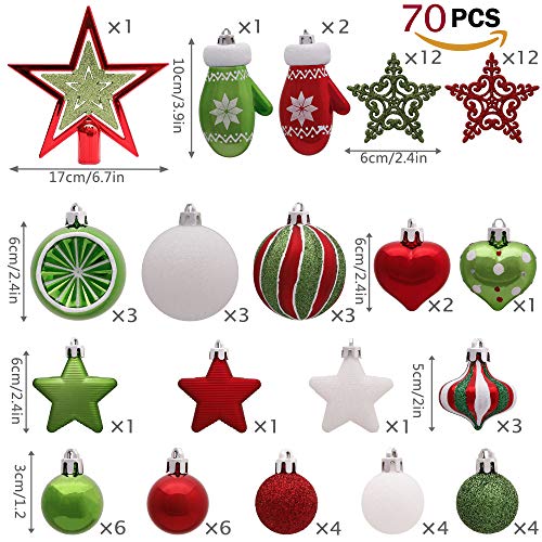 Valery Madelyn 70 Piezas Bolas de Navidad de 3-6 cm, Adornos Navideños para Arbol, Decoración de Bolas de Navidad Plástico de Rojo Blanco y Verde, Regalos de Colgantes de Navidad (Coleccion Clasica)