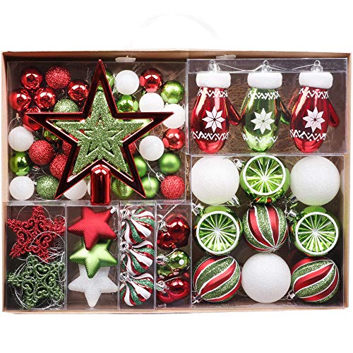 Valery Madelyn 70 Piezas Bolas de Navidad de 3-6 cm, Adornos Navideños para Arbol, Decoración de Bolas de Navidad Plástico de Rojo Blanco y Verde, Regalos de Colgantes de Navidad (Coleccion Clasica)