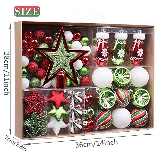 Valery Madelyn 70 Piezas Bolas de Navidad de 3-6 cm, Adornos Navideños para Arbol, Decoración de Bolas de Navidad Plástico de Rojo Blanco y Verde, Regalos de Colgantes de Navidad (Coleccion Clasica)