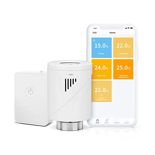 Válvula Termostática Wi-Fi Inteligente Meross, Termostato de Calefacción, con Pantalla LCD, Compatible con Alexa, Google Assistant e IFTTT, con hub, MTS100H. (M30*1,5MM).