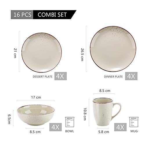 vancasso Serie Navia Nature Juego de Vajillas 16 Piezas, con Platos de Cena, Postre, Cuencos y Tazas, Esmaltada Gres Vajillas Retro para 4 Personas（Beige）