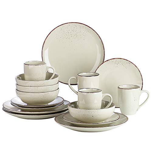 vancasso Serie Navia Nature Juego de Vajillas 16 Piezas, con Platos de Cena, Postre, Cuencos y Tazas, Esmaltada Gres Vajillas Retro para 4 Personas（Beige）