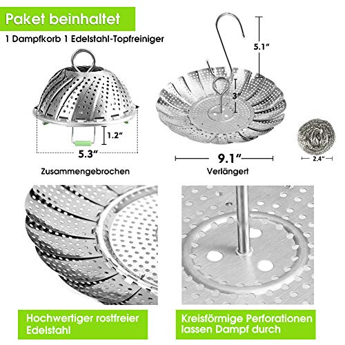 Vaporera de acero inoxidable para cocinar al vapor vegetal, con mango extensible y patas antideslizantes (6"-9") S Hook
