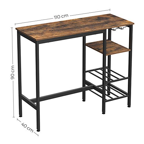 VASAGLE Mesa Alta, Mesa de Bar, Mesa de Comedor con Soportes para Vasos y Botellas, para Sala de Estar, Cocina, 110 x 40 x 90 cm, Estilo Industrial, Marrón Rústico y Negro LBT013B01