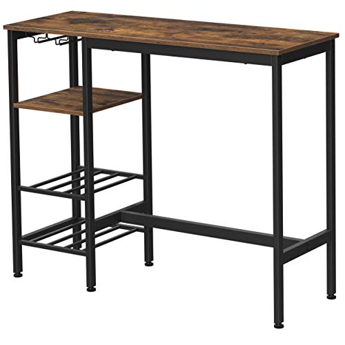 VASAGLE Mesa Alta, Mesa de Bar, Mesa de Comedor con Soportes para Vasos y Botellas, para Sala de Estar, Cocina, 110 x 40 x 90 cm, Estilo Industrial, Marrón Rústico y Negro LBT013B01