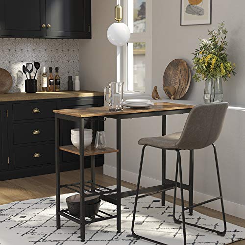 VASAGLE Mesa Alta, Mesa de Bar, Mesa de Comedor con Soportes para Vasos y Botellas, para Sala de Estar, Cocina, 110 x 40 x 90 cm, Estilo Industrial, Marrón Rústico y Negro LBT013B01