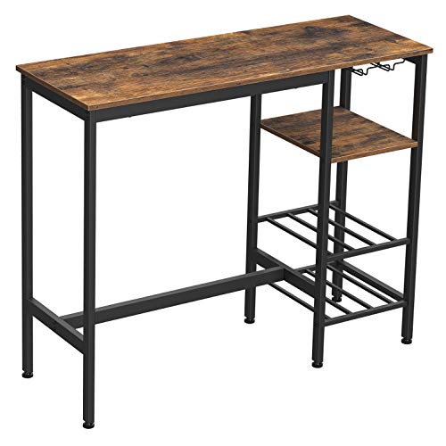 VASAGLE Mesa Alta, Mesa de Bar, Mesa de Comedor con Soportes para Vasos y Botellas, para Sala de Estar, Cocina, 110 x 40 x 90 cm, Estilo Industrial, Marrón Rústico y Negro LBT013B01