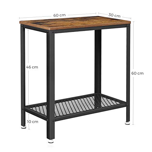 VASAGLE Mesa Auxiliar de Estilo Industrial, Mesa de Centro Pequeña con Estante de Malla, Mesita de Noche, para Salón, Dormitorio, 60 x 30 x 60 cm, Hierro, Marrón Rústico LET31BX