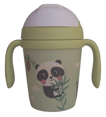 Vaso Bambu Infantil con Pajita Jarra con Asas, Tapa y Boquilla de Fibra de Bambú 300 ML - Ideal Bebé o Niños - Material Ecologico, Ligero y Seguro - Botella Eco,Bio, Sin BPA - Apto para Lavavajillas