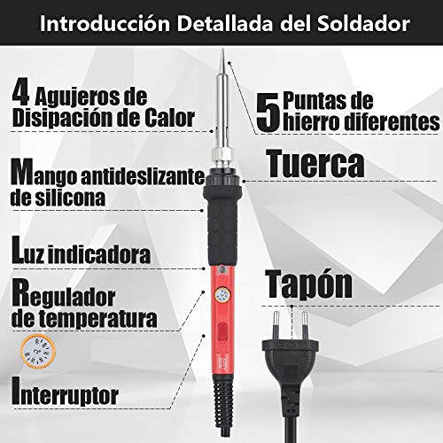 Vastar Kit de Soldador 16Pcs- Soldadores de Estaño con Temperatura ajustable 60W con Bomba de Desoldar, Estación de Soldadura, Pinzas, Cortador de Pelacables