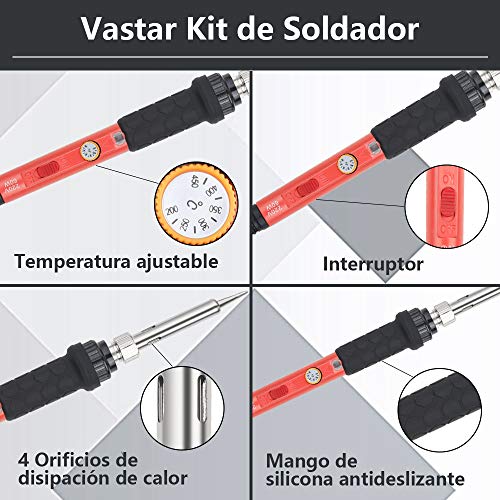 Vastar Kit de Soldador 16Pcs- Soldadores de Estaño con Temperatura ajustable 60W con Bomba de Desoldar, Estación de Soldadura, Pinzas, Cortador de Pelacables