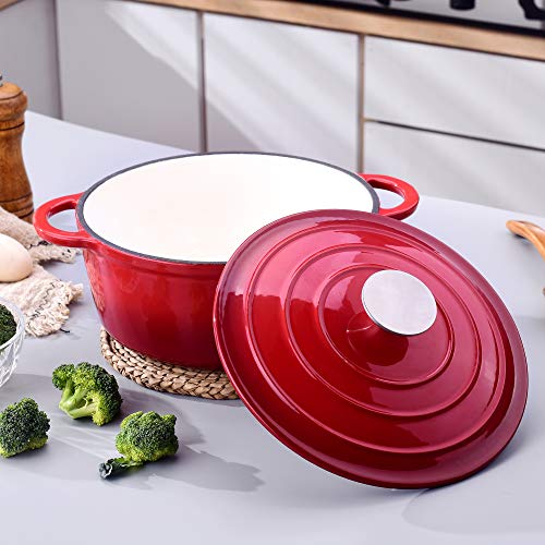 Velaze Olla de Hierro Fundido, Cacerola Holandesa de Esmaltado Antiadherente Anticorrosiva Redonda de Color Rojo con Tapa Rociadores para Cocina Estofado, Paella, Ollas de Gran Capacidad 2.5L