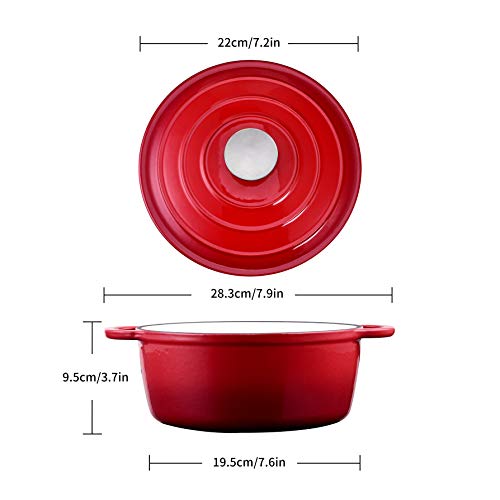 Velaze Olla de Hierro Fundido, Cacerola Holandesa de Esmaltado Antiadherente Anticorrosiva Redonda de Color Rojo con Tapa Rociadores para Cocina Estofado, Paella, Ollas de Gran Capacidad 2.5L