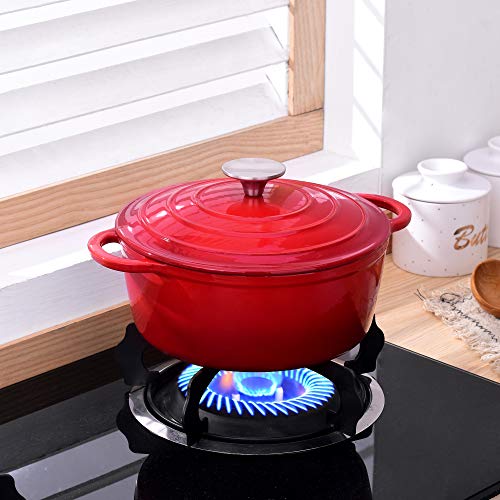 Velaze Olla de Hierro Fundido, Cacerola Holandesa de Esmaltado Antiadherente Anticorrosiva Redonda de Color Rojo con Tapa Rociadores para Cocina Estofado, Paella, Ollas de Gran Capacidad 2.5L