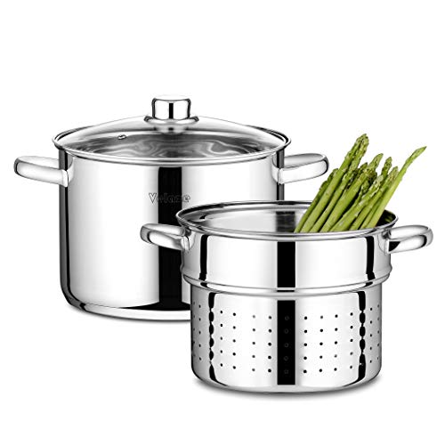 Velaze Olla para Pasta, Olla de Acero Inoxidable con Cesto de Cocción Vaporera y Tapa, Ollas para Verduras(7,2L)