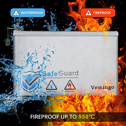 Vemingo - Bolsa de documentos ignífuga, resistente al agua, 13,4 x 9,4 cm, con revestimiento de silicona, resistente al fuego, con cremallera, para portadocumentos A4, gris