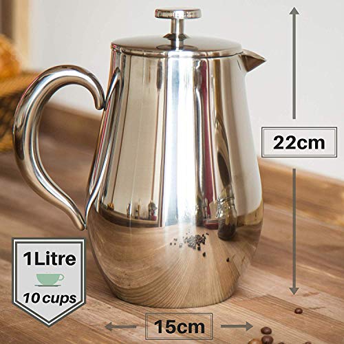 VeoHome - Cafetera de émbolo - Indestructible y mantiene el café caliente por mucho tiempo gracias a su cubierta doble (Grande (1Litro))