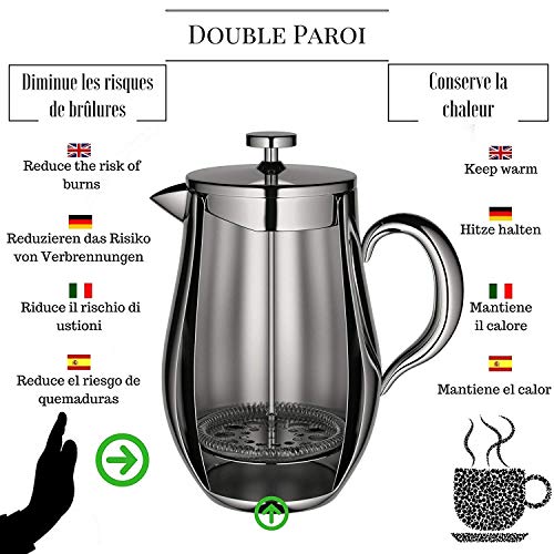 VeoHome - Cafetera de émbolo - Indestructible y mantiene el café caliente por mucho tiempo gracias a su cubierta doble (Grande (1Litro))