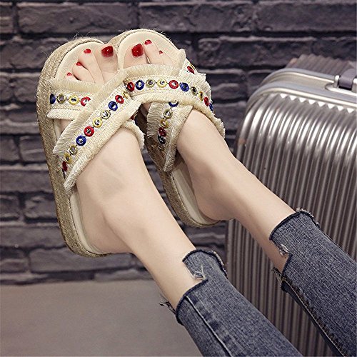 Verano Nueva Cruz Nacional de Viento con Hierba Que Hace Muffin Fondo Gruesas Zapatillas de Punta Abierta Palabra Femenina Lentejuelas Arrastrar, Blanco,39EU