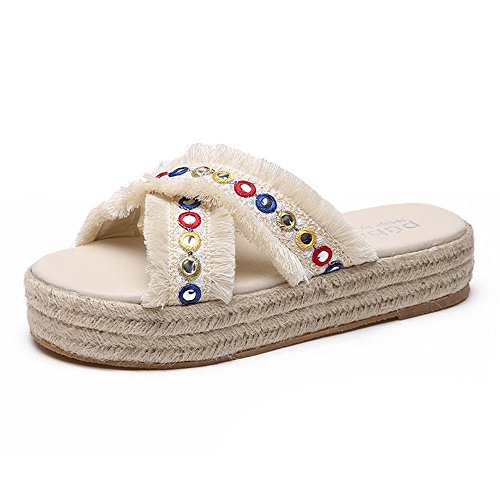 Verano Nueva Cruz Nacional de Viento con Hierba Que Hace Muffin Fondo Gruesas Zapatillas de Punta Abierta Palabra Femenina Lentejuelas Arrastrar, Blanco,39EU