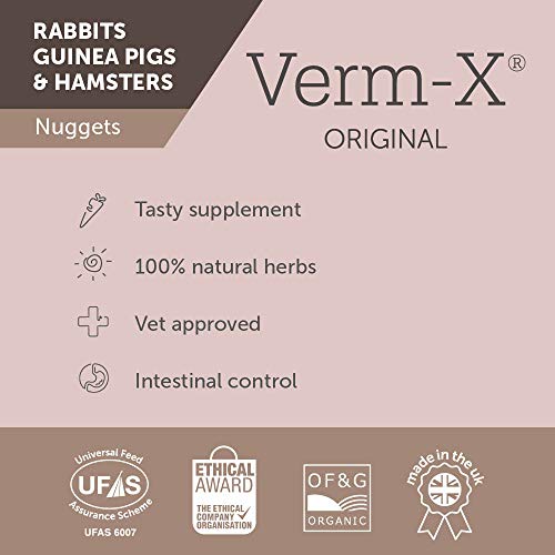 Verm-X Original All Natural Pellets for Rabbits, Guinea Pigs and Hamsters. Approved for Use on Organic Farms. Supports Intestinal Hygiene. Vet Approved. Maintains Gut Vitality. Wormwood Free Recipe.