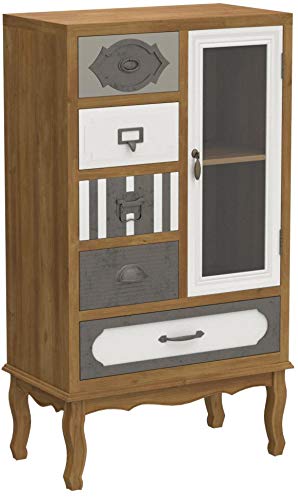 Versa 21080042 Vitrina Provenzal con 5 cajones y Puerta con Cristal, Madera de Pino de Nueva Zelanda, Blanco, Gris, Beige y Natural, 93 x 30,5 x 53,5 cm