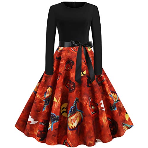 Vestido de Fiesta Hepburn con Cremallera de Cuello Redondo y Nuevo Traje Elegante con Estampado de Calabaza de Halloween para Mujer(Naranja,XL)