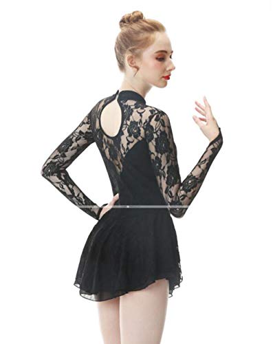 Vestido de Patinaje artístico Mujer/Chica Patinaje Sobre Hielo Vestidos Negro Cisne Licra, Hilo Elástico Alta Elasticidad Profesional Ropa de Patinaje Hecho a Mano Moda Manga Larga Patinaje Sobre,S