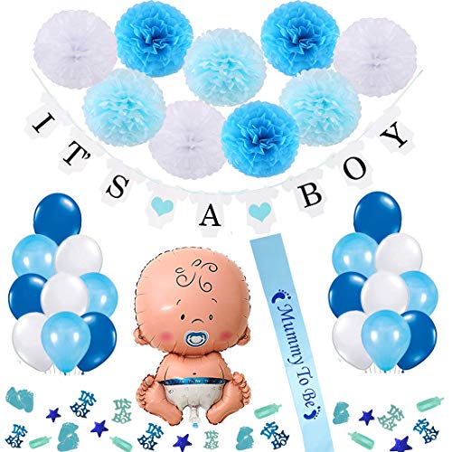 Vibury Baby Shower Decoración, Decoraciones Fiesta de Bienvenida de Bebe Niño Bandera It's A Boy, Baby Shower Globos, 9 Pompones, 18 Globos, Mummy to be Faja y Confeti