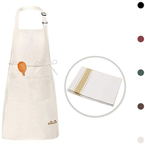 Viedouce Delantales Impermeables Ajustables del Cocinero con Bolsillo Cocina Delantale para Mujeres Hombres,Delantal Chefs Cocina(1x Beige Delantal + 1 x Toalla de té)