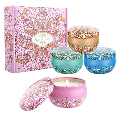 Viesap Velas Aromaticas, Cera de Soja 100% Natural, Vela Aromática Caja de Regalo, 4pcs Mujer Velas Perfumadas, Aromaterapia Relajación Baño Yoga Acción de Gracias Navidad Día de San Valentín Regalos