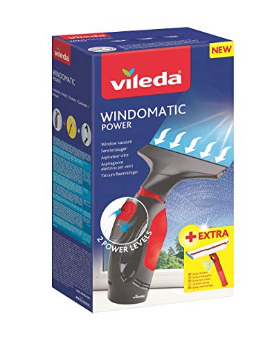 Vileda Windomatic Power Set - Aspirador de ventanas y mopa microfibras con spray, limpiacristales con cuello flexible y pulverizador con mopa, extra potencia, medidas 17.5 x 12 x 32 cm, rojo y negro