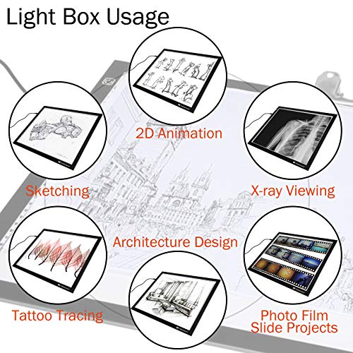 Voilamart A3 - Tabla de calcar ultradelgada con brillo ajustable LED para dibujo, microartcraft, animación, caja de luz con cables, bolsa de transporte, abrazadera