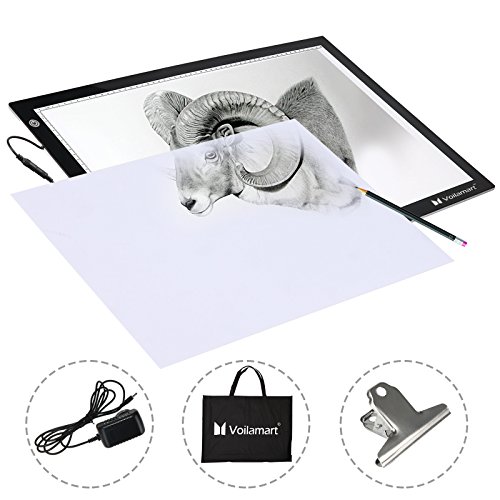 Voilamart A3 - Tabla de calcar ultradelgada con brillo ajustable LED para dibujo, microartcraft, animación, caja de luz con cables, bolsa de transporte, abrazadera