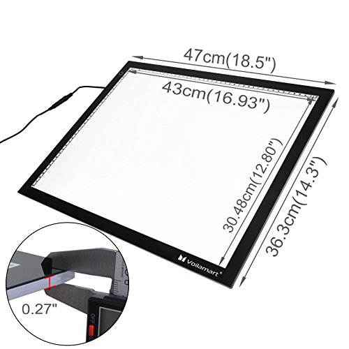 Voilamart A3 - Tabla de calcar ultradelgada con brillo ajustable LED para dibujo, microartcraft, animación, caja de luz con cables, bolsa de transporte, abrazadera