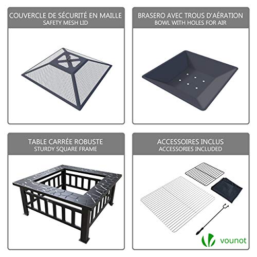 VOUNOT Brasero Exterior para Jardín y Terraza, 3 en 1 Metal Fire Pit, Pozo de Fuego con Barbacoa, 81 x 81 x 45 cm