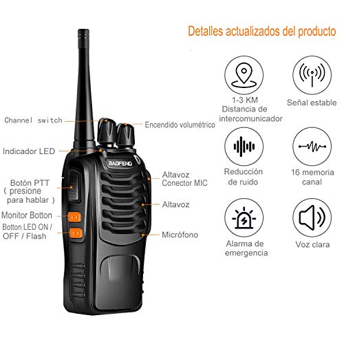 Walkie Talkie 2pcs 1500mah Batería Recargables USB 16 Canales con el Auricular Incorporado Antorcha de LED para Supermercado Hogar Actividad de Interior o al Aire Libre （Negro）