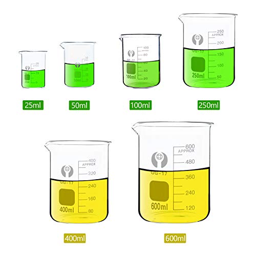 Wandefol 6pcs Vaso Cristal de Laboratorio, Vaso de Vídrio Graduado, Vaso Medidor Borosilicato 25 50 100 250 400 600ml para Escuela Laboratorio Experimento Hospital Cosmético con Etiquetas Cepillo