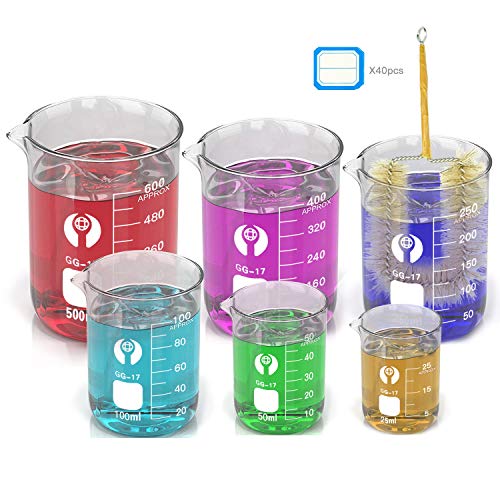 Wandefol 6pcs Vaso Cristal de Laboratorio, Vaso de Vídrio Graduado, Vaso Medidor Borosilicato 25 50 100 250 400 600ml para Escuela Laboratorio Experimento Hospital Cosmético con Etiquetas Cepillo